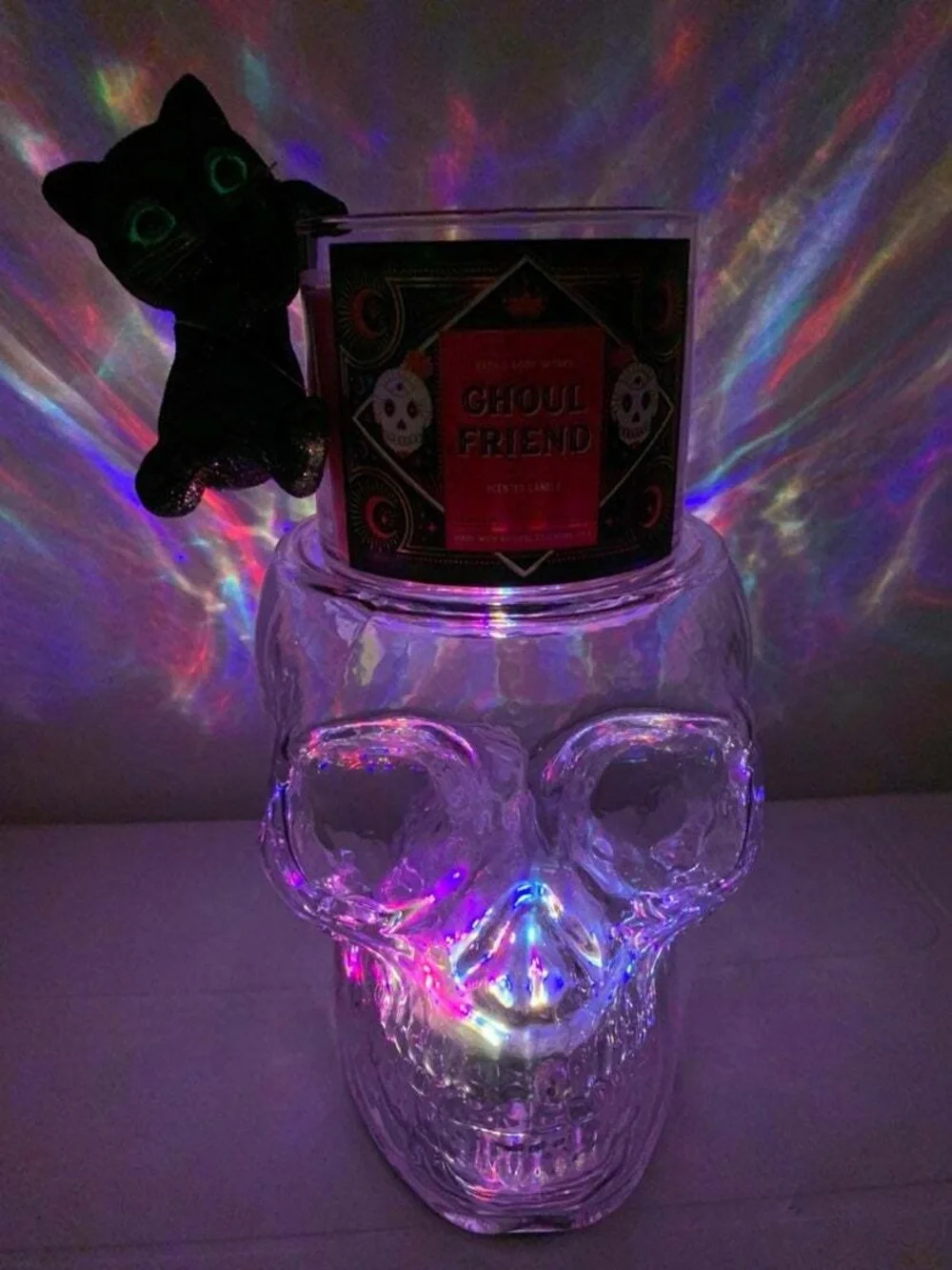 Bath & Body Works VIDEO Iridescent light up skull 3 wick candle holder